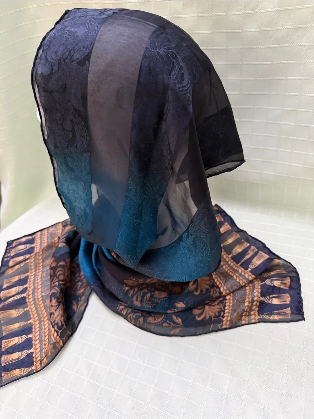 Elegant vintage Blue/Black and Gold Floral Sheer Silk Scarf